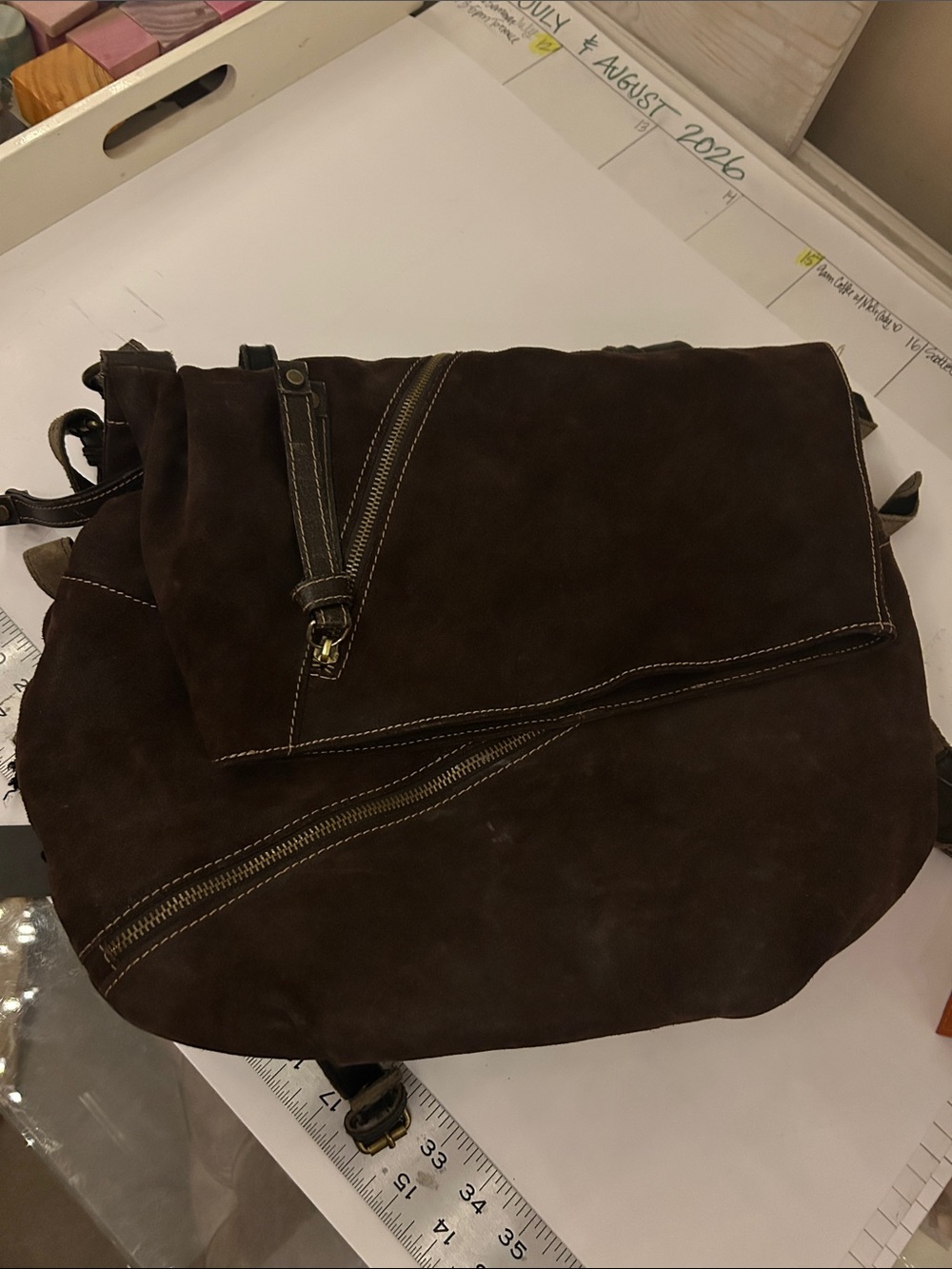 Brown Suede Crossbody Messenger Bag - multiple zipper pockets